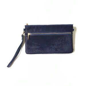 Monserat de Lucca Wristlet Tote Purse Clutch Womens Blue Gold Calf Hair Leather